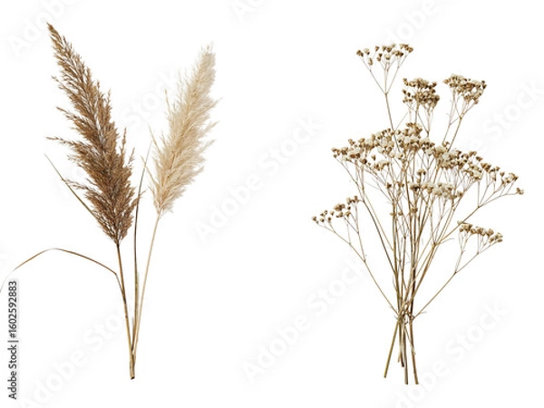 Fototapeta Two dried ornamental grasses with fluffy plumes and delicate airy wildflowers isolated on transparent background