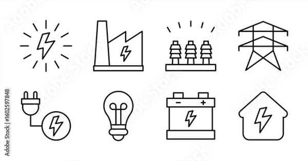 Obraz Electricity and Power Icons – Energy Generation, Transmission, and Usage Line Icon Set