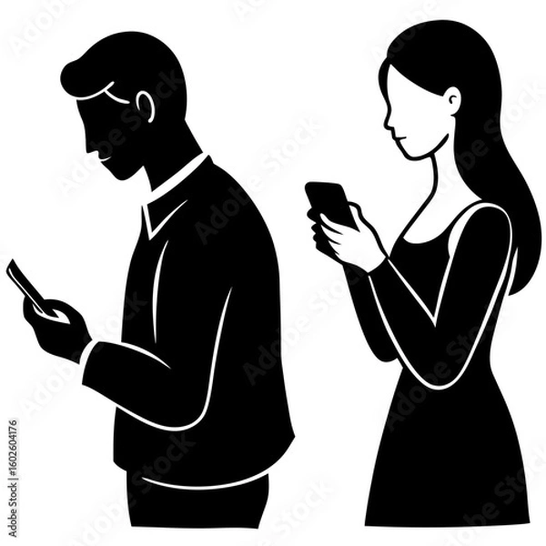 Fototapeta People using mobile phone device silhouette vector illustration