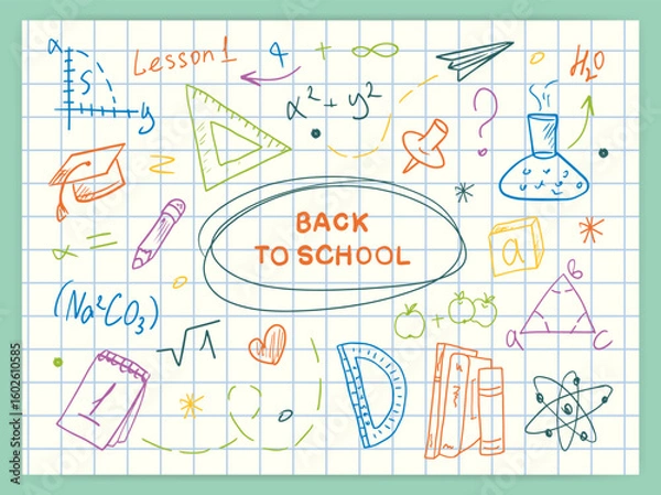 Fototapeta Rectangular Back to School banner with hand-drawn drawings on a lined notebook page, with space for text. Vector, announcements about the start of the school year, and a school poster