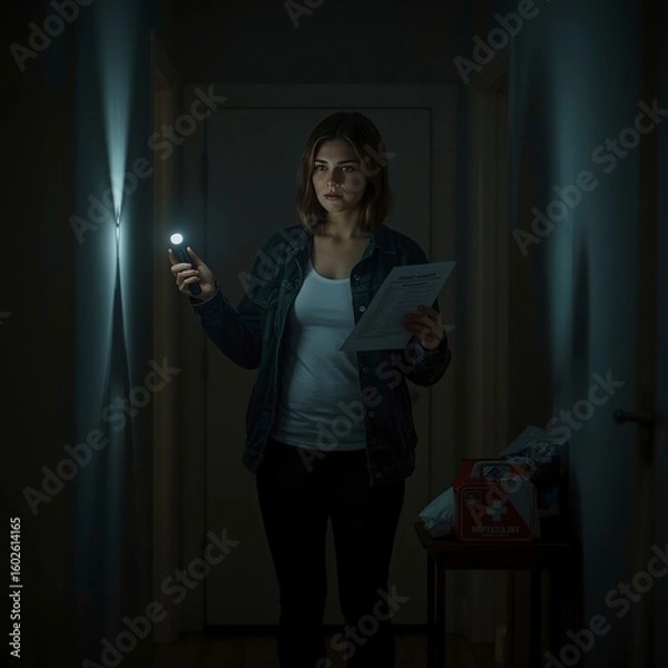 Fototapeta Woman Holding Flashlight and Emergency Phone List While Standing Beside First Aid Kit in Dimly Lit Hallway during Storm