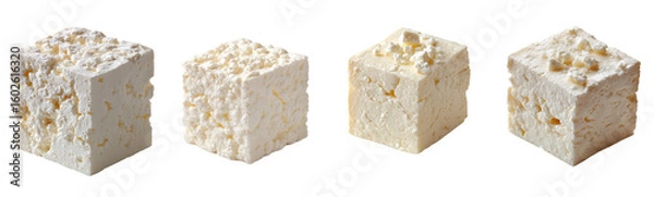 Fototapeta Four blocks of fresh cheese are displayed. Dairy food, feta, protein, diet, healthy, fresh, cube, white, block, ingredient, dairy, greek, gourmet