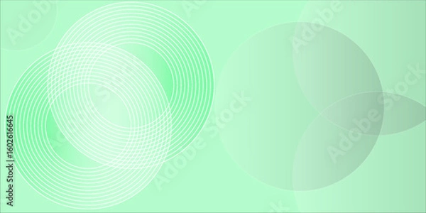 Fototapeta Minimalist abstract background with overlapping transparent circles and concentric white rings on a green gradient backdrop. Modern geometric design perfect for tech, digital, or creative projects.
