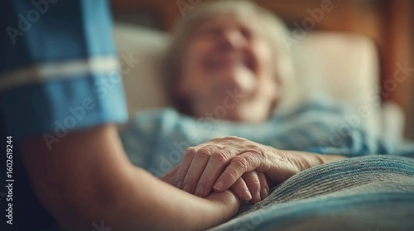 Fototapeta Caring nurse gently holds the hand of a smiling senior patient in a warm, comforting environment.