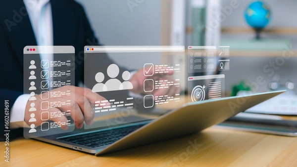 Fototapeta Recruiting and HR management enhanced via digital workflow on laptop with holographic checklists, user profiles, and target icons for CRM and task automation.