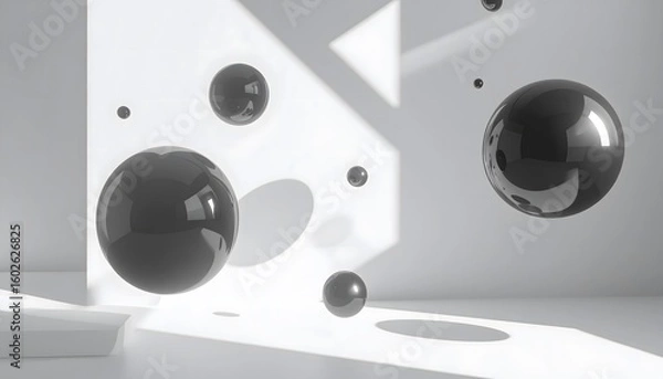 Fototapeta Black spheres floating in white minimalist room with window light