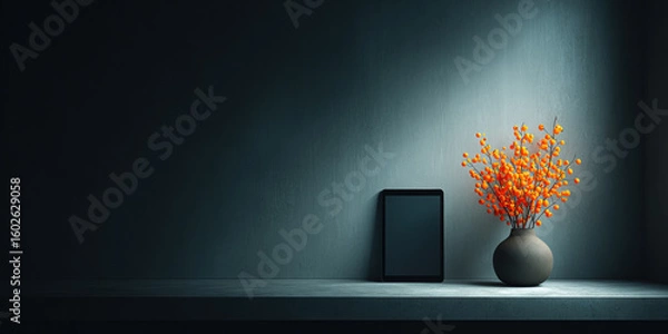 Fototapeta Minimalist scene with digital tablet and vase of vibrant orange flowers on gray surface, creating serene atmosphere
