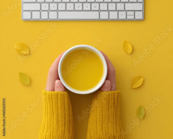Fototapeta Person holding cup of yellow tea on yellow background with keyboard and scattered leaves