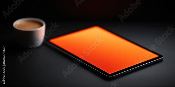 Fototapeta Tablet with glowing orange screen sits on dark surface next to cup of coffee, creating warm and inviting atmosphere