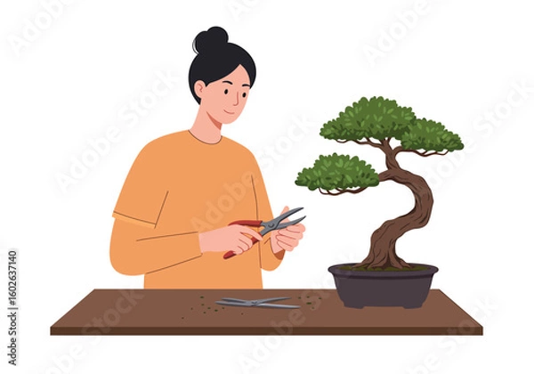 Fototapeta A smiling woman with her hair in a bun carefully prunes a lush green bonsai tree with shears at a wooden table.