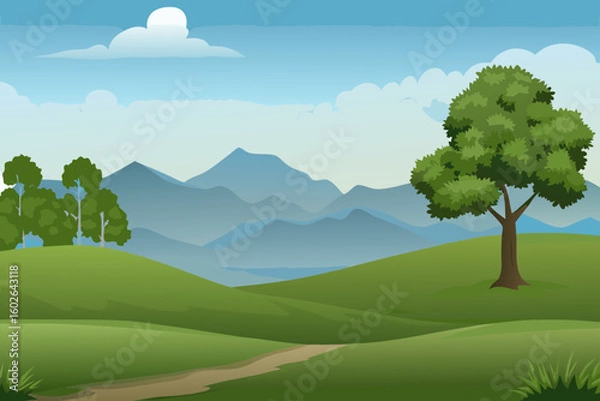 Fototapeta Serene Green Landscape with Rolling Hills Trees Mountains and a Bright Blue Sky Illustration