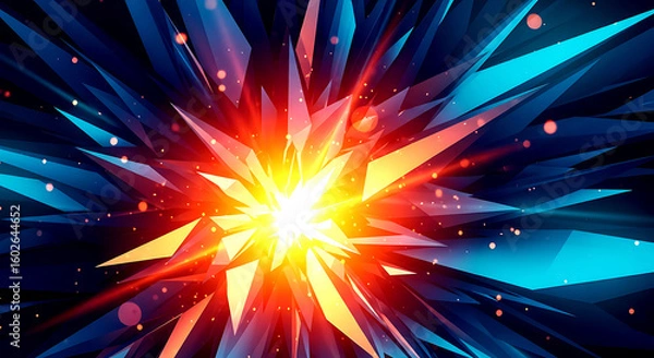 Fototapeta Abstract explosion of sharp geometric shards in bright orange yellow and blue image