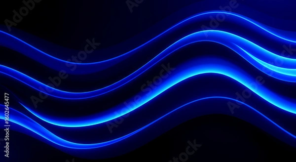 Fototapeta Abstract flowing neon blue light waves on dark background image