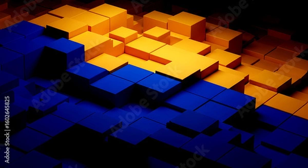 Fototapeta Abstract geometric pattern of blue and yellow cubes with dramatic lighting blocks