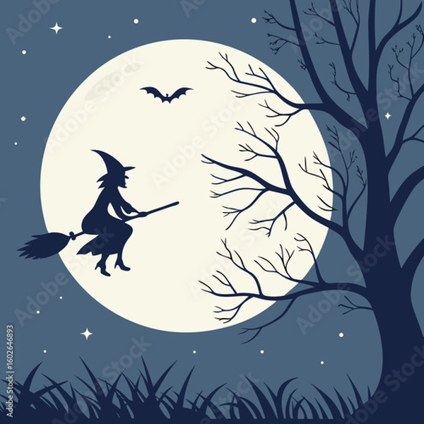 Obraz Silhouette of a witch flying on a broomstick in front of a full moon surrounded by stars at night
