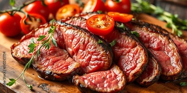 Obraz Thinly sliced roasted beef, vibrant herb & tomato garnish,  meat,  food