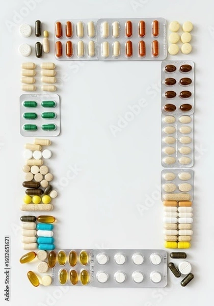 Fototapeta Health and wellness concept. Different supplement, tablet, drug, capsule border frame isolated on white background. Flat lay, top view with copy space