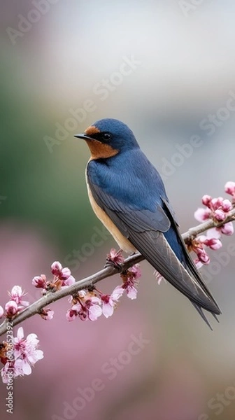Fototapeta Barn swallow perched on blooming branch in springtime.