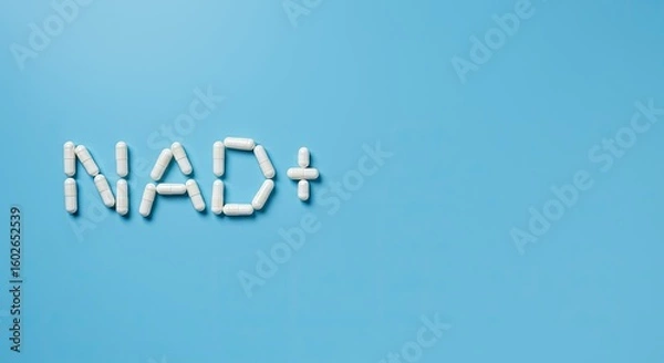Fototapeta NAD+ sign made from white supplement capsules with bottle on blue background with copy space. Nicotinamide adenine dinucleotide for anti-aging and longevity.
