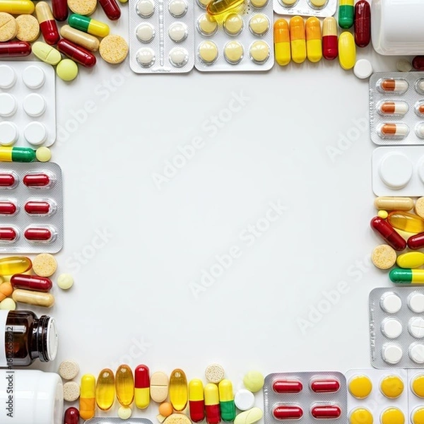 Fototapeta Health and wellness concept. Different supplement, tablet, drug, capsule border frame isolated on white background. Flat lay, top view with copy space