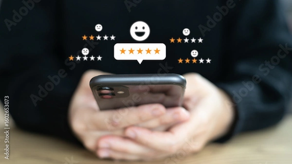 Fototapeta User review and star rating feedback on smartphone interface, showing positive and negative customer experiences, consumer satisfaction, and digital engagement.
