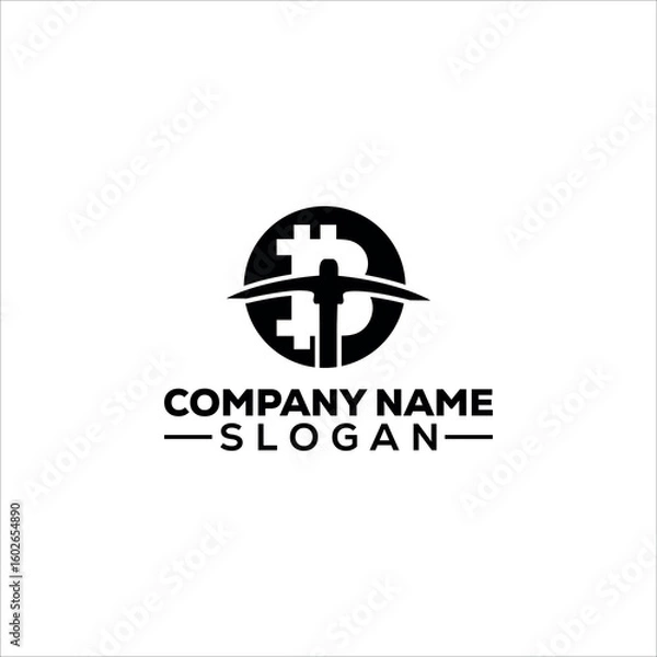 Fototapeta Bitcoin Mining Pickaxe Logo Design