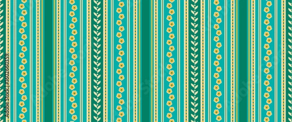 Fototapeta Floral and ornamental vertical striped geometric seamless pattern tiny yellow flowers, leaves, and teal color stripes, perfect for backgrounds, textiles, or crafts
