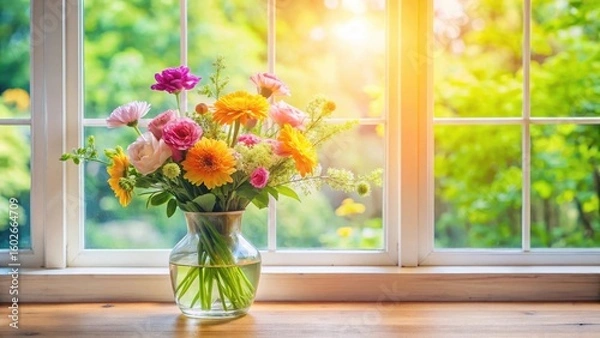 Fototapeta Fresh flowers in a vase against a bright window with natural light streaming in, bouquet, window,  bouquet, window, beauty