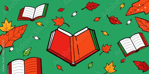 Fototapeta Scattered Open Books and Autumn Leaves on Tree Branches in green background vector illustration.
