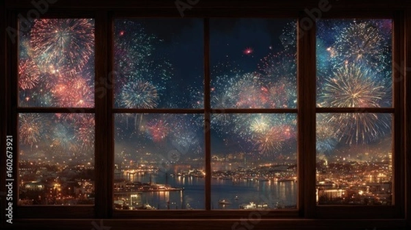 Fototapeta Fireworks view from a window at night