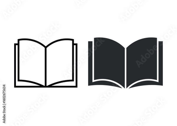Fototapeta Vector icons of an open book in minimalist outline and filled design, perfect for educational and reading-related themes. Flat silhouette and line version for use in apps, websites, or print media.