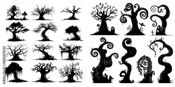 Fototapeta A collection of spooky trees in silhouette, symbolizing Halloween, is presented in a modern style and isolated on a white background, embodying scary, haunted, and creepy curly plant elements