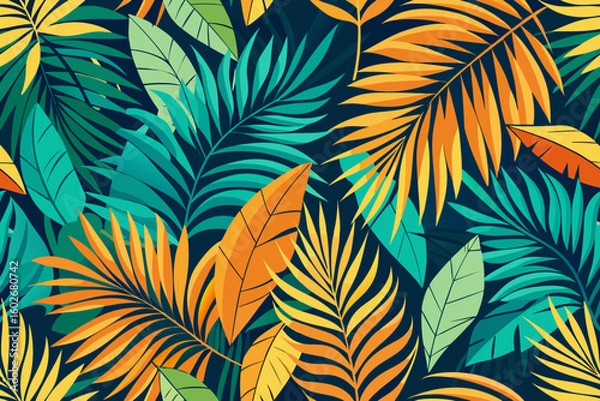 Fototapeta Vibrant tropical leaf pattern with palm leaves and bright color palette