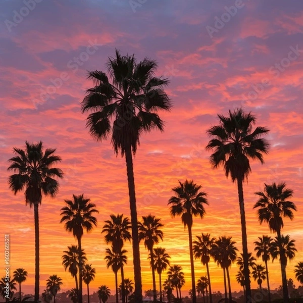 Obraz Silhouetted Palm Trees Against Vibrant Sunset Sky