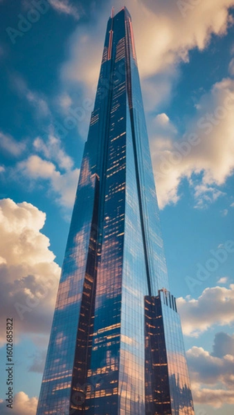 Obraz towering skyscraper rises with an air of modern elegance. The building, made of glass and steel, reflects the bustling city below.	
