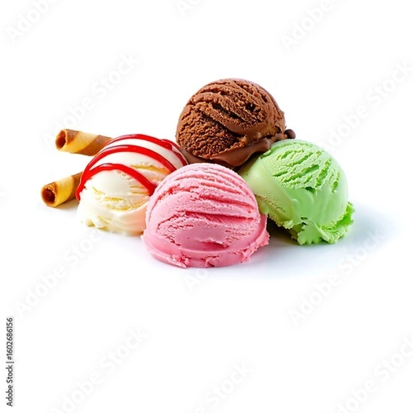 Fototapeta Delicious assortment of ice cream scoops with wafer cookies
