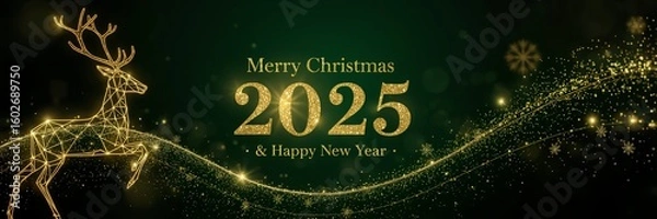 Obraz Christmas themed background and banner with golden reindeer and snowflake wave, Merry Christmas 2025 and Happy New year