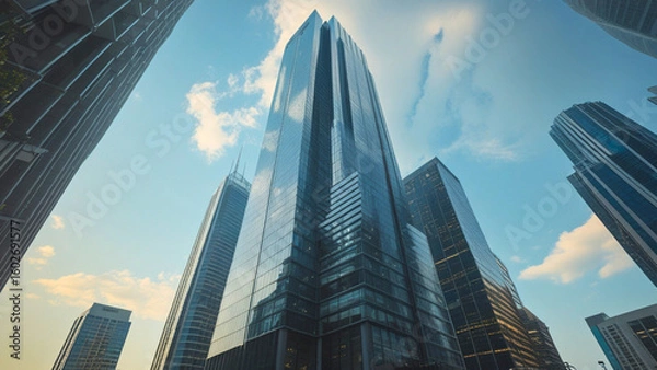 Obraz towering skyscraper rises with an air of modern elegance. The building, made of glass and steel, reflects the bustling city below.	
