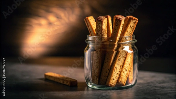 Fototapeta Delicious crispy rusks in a glass jar on a dark table illuminated by warm light.