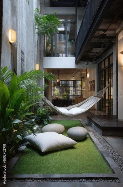 Fototapeta Interior courtyard with lush greenery, hammocks, and comfortable seating