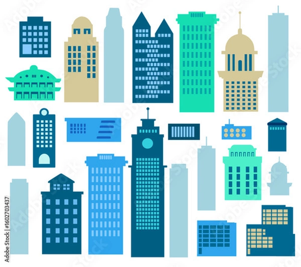 Fototapeta Colorful skyscrapers and office buildings create a vibrant cityscape, representing modern urban architecture and a thriving downtown business district