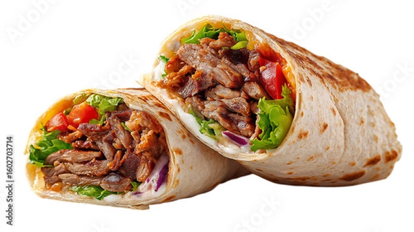 Fototapeta Doner Kebab Wrap with Meat and Vegetables Close Up