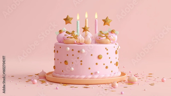 Obraz Elegant Pink Birthday Cake with Candles