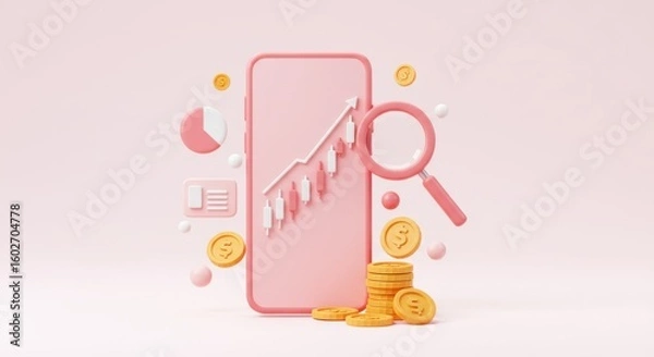 Fototapeta Mobile finance app displaying stock market growth chart with coins and magnifying glass
