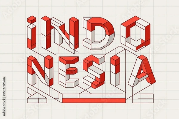 Fototapeta Indonesia typography, 3D isometric red and white letters in modern graphic style, symbolizing national pride and creative independence.


