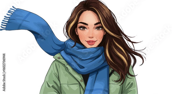 Fototapeta Illustration of a woman with a blue scarf and green jacket against a white background smiling