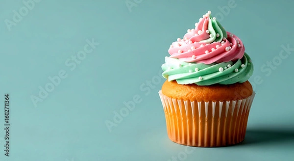 Fototapeta Single cupcake with pink and green frosting and white sprinkles on a teal background icing sweet
