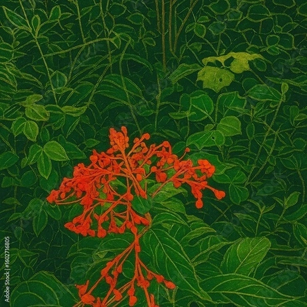 Obraz  "The flames of the forest, green surrounding red, beautifully captivating the eyes"