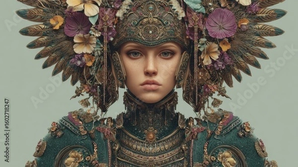 Obraz An intricate depiction of a majestic armored figure adorned with floral elements