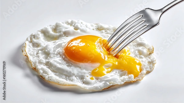 Fototapeta Hyperrealistic fried egg with fork breaking yolk on clean white background, high key lighting showcasing texture and detail of runny yellow yolk.


